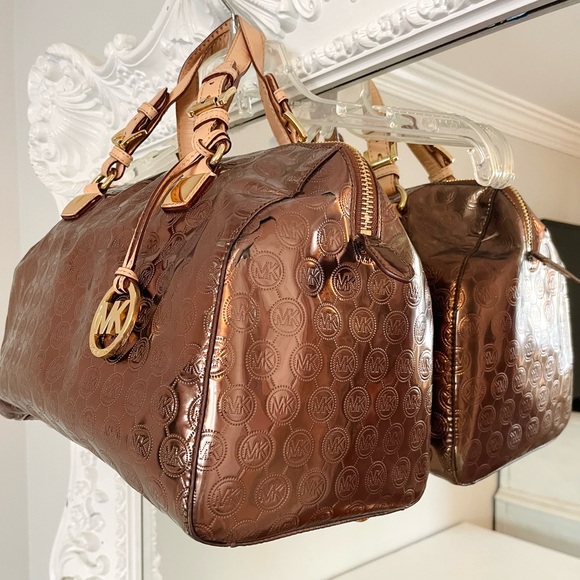 MICHAEL KORS Bronze Signature Logo Patent Leather Grayson Satchel Shoulder Bag - Picture 8 of 12